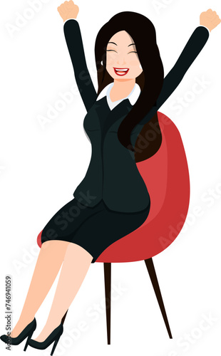 Cheerful business woman sitting on red chair.