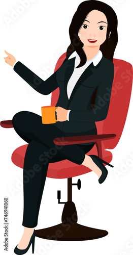 Smart business woman sitting on chair and pointing finger away.