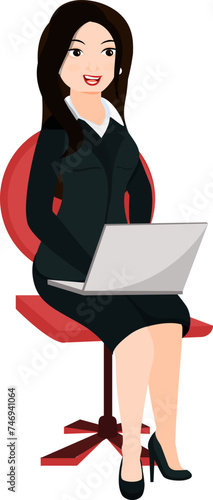 Business woman sitting on chair and holding laptop.