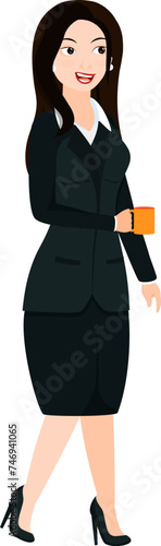 Happy business woman character holding a coffee mug.
