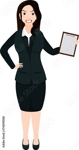 Character of business woman holding document in angry pose.