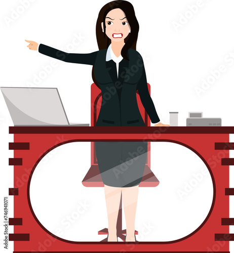 Angry business woman standing in front of her working desk, pointing her finger away.