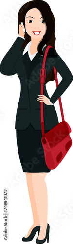 Cheerful business woman talking on phone, standing in stylish pose.