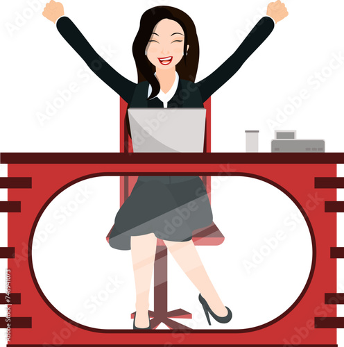 Cheerful business woman sitting on her working desk.