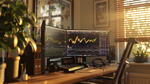 A cozy home office illuminated by sunset, featuring a desk with multiple monitors displaying trading charts.