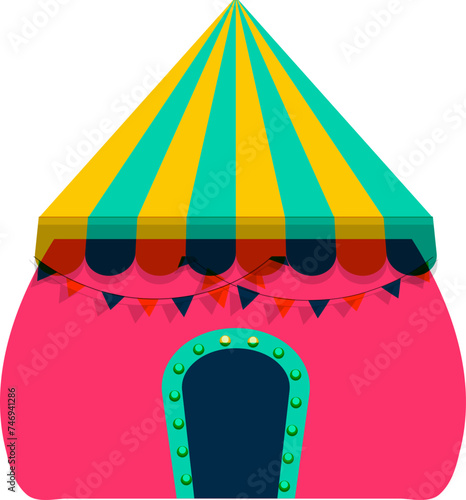 Tent decorated with marquee lights and bunting flags.
