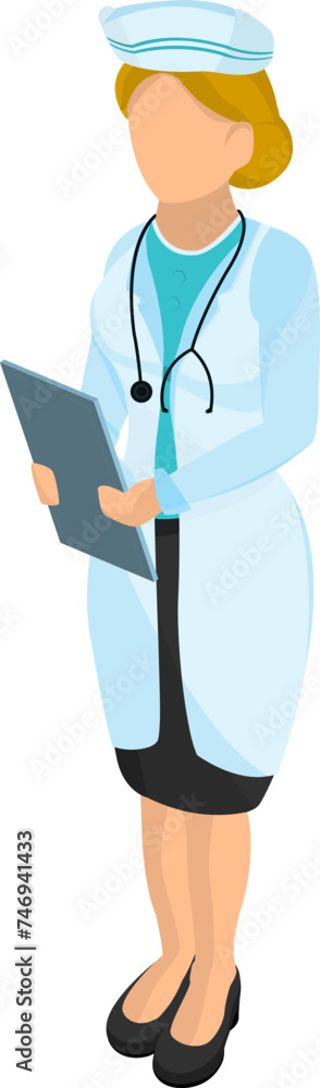Nurse or lady doctor isometric character in standing pose. Nurse or lady doctor isometric character in standing pose.