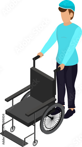 Isometric character of ward boy with wheelchair for casualty or handicapped attendant service concept