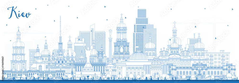 Outline Kiev Ukraine city skyline with blue buildings. Kyiv cityscape with landmarks. Business travel and tourism concept with historic architecture.