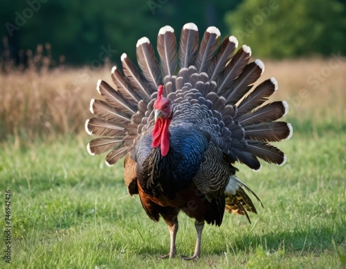 A turkey in meadow showing plumage