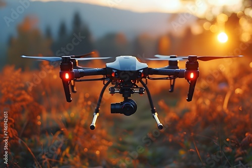 A modern drone in mid flight photo