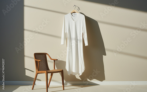photos of clothes hung on walls and chairs