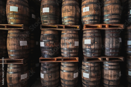 Stacks of wooden barrels filled with aging Puerto Rican rum