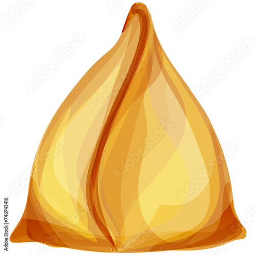 Glossy golden samosa on white background.