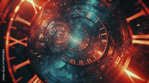 Time travel Technology Background with Clock concept and Time Machine, Can rotate clock hands. Jump into the time portal in hours. Traveling in space and time. Time travel fantasy scifi cinematic film photo