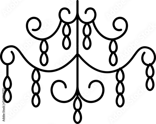 Pictogram of ornamental chandelier icon or symbol in black line art.