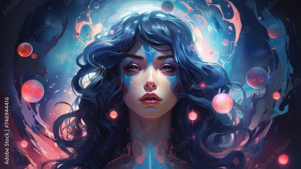 Illustration of a fictional face of a woman with her hair down with sharp eyes, and a nebula colored background. Illustration of a fictional face of a woman with her hair down with sharp eyes, and a nebula colored background.