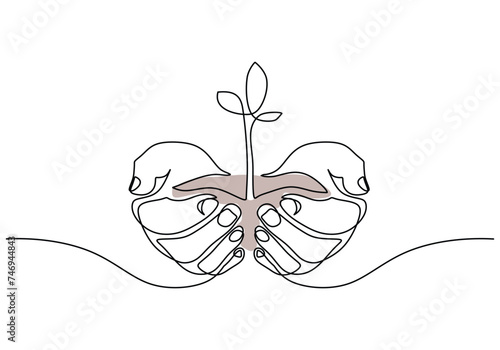 One line drawing of hands holding a plant. Concept of growing and love earth in continuous single outline.