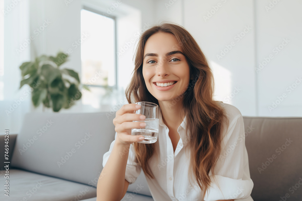 Smiling woman sitting on the sofa drinking water. Smiling woman sitting on the sofa drinking water.