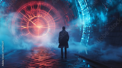 Time travel Technology Background with Clock concept and Time Machine, Can rotate clock hands. Jump into the time portal in hours. Traveling in space and time. Time travel fantasy scifi cinematic film photo