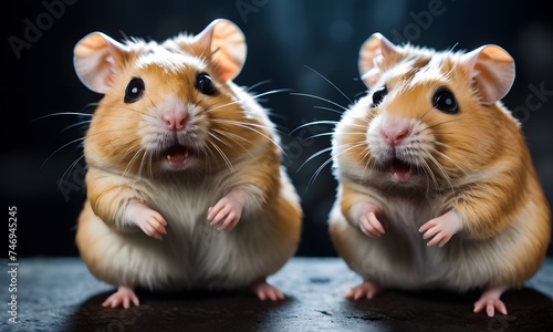 Two mice, illuminated by a subtle light, echo each other's calls in a dark space, surrounded by the glint of Bitcoin coins. Their tiny forms are a stark contrast to the concept of vast digital wealth