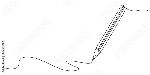 Pencil writing in continuous one line art drawing. Vector illustration minimalist student literacy symbol.