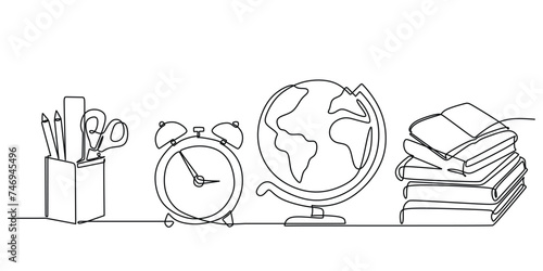 Education continuous one line drawing. Hand drawn of pen, ruler, alarm clock, globe, and pile of books. Back to school theme banner vector illustration.