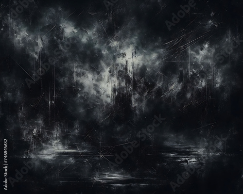 Dark abstract painting with chaotic brush strokes and scratches, creating a mysterious, textured effect.