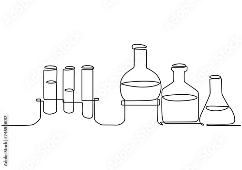 Lab experiment tools in continuous single one line art drawing. Minimalist glassware for laboratory research. Hand drawn vector illustration education and science concept.