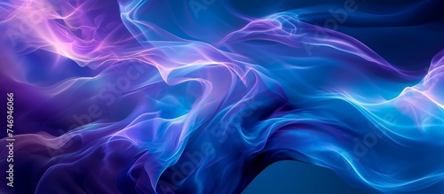 A vibrant close-up of swirling violet and electric blue smoke on a dark background, resembling liquid petals in an artistic pattern.