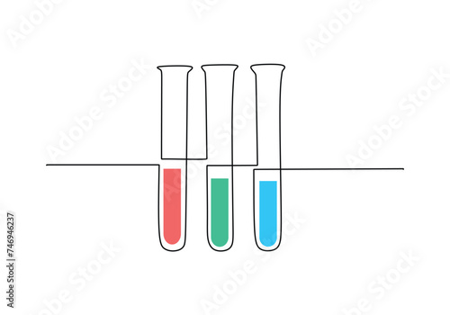 Test tube glasses in continuous one line art drawing. Single hand drawn with colorful liquid laboratory equipment.