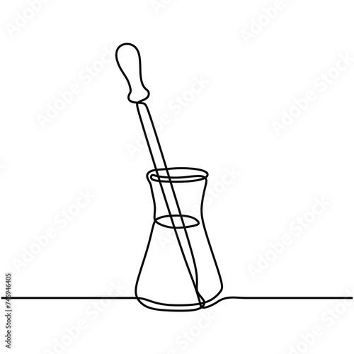 One line drawing of chemistry tool. Erlenmeyer flask with pipette.