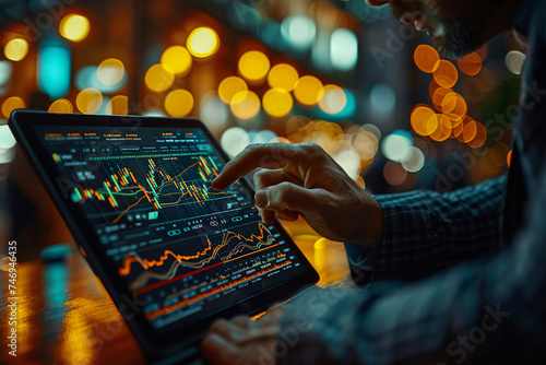 people checking for the stock prices and chart showing inclining on big glass screens, at the stock market office, on laptops and tablets and mobiles 