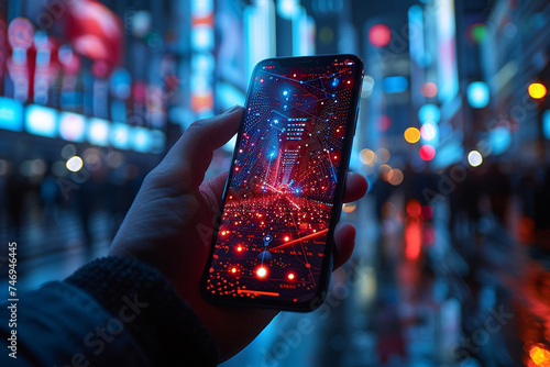people checking for the stock prices and chart showing inclining on big glass screens, at the stock market office, on laptops and tablets and mobiles 