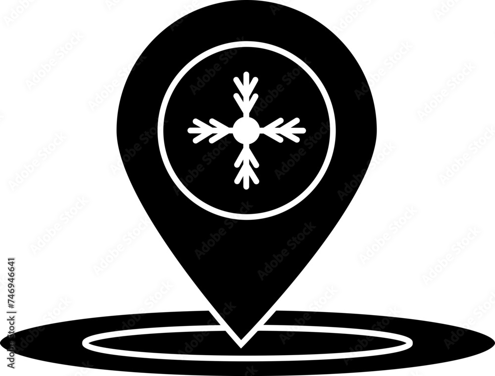 B&W map pin icon with snowflake. B&W map pin icon with snowflake.