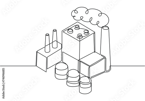 Continuous one line drawing industrial plant outline. Factory architecture buildings and landmark. Air pollution ecology concept.