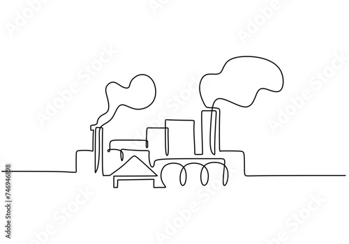 Continuous one line drawing industrial plant outline. Factory architecture buildings and landmark. Air pollution ecology concept.