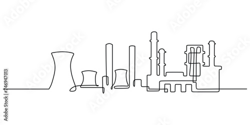 Continuous one line drawing industrial plant outline. Factory architecture buildings and landmark. Air pollution ecology concept.