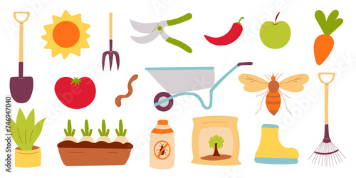 garden care kit. Hand drawn vector illustration depicting a series of tools Shovel Fork Rake Scissors. Vegetables and fruits grown independently, eco pepper apple carrot tomato.