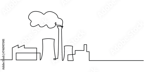 Continuous one line drawing industrial plant outline. Factory architecture buildings and landmark. Air pollution ecology concept.