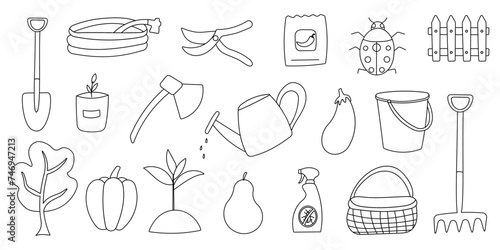 garden care kit. Hand drawn vector illustration depicting a series of tools Shovel Pitchfork rake scissors, ax. Self-grown vegetables and fruits, eco, pepper, pear, eggplant, garlic. line doodle