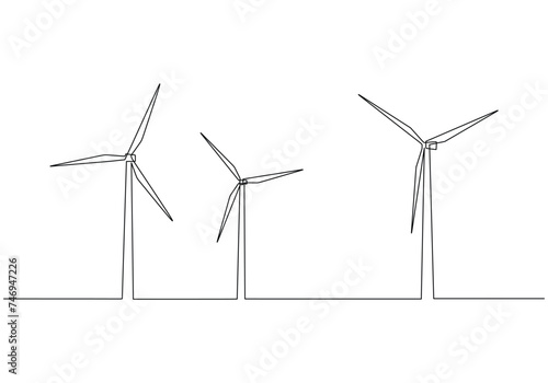 Turbine wind power green energy electricity concept. Continuous line drawing wind energy plant windmill renewable ecology. One line drawing vector illustration.
