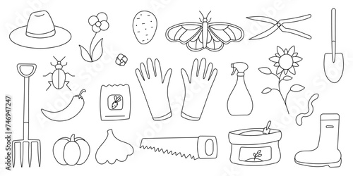 garden care kit. Hand drawn vector illustration depicting a series of tools Shovel Pitchfork rake scissors, saw. line, doodle, coloring eco potatoes peppers pumpkin garlic sunflowers.