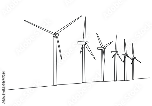 Turbine wind power green energy electricity concept. Continuous line drawing wind energy plant windmill renewable ecology. One line drawing vector illustration.