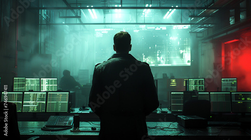 Cyber criminals plotting in shadowed rooms, a hitman receives digital orders High-tech crime saga photo