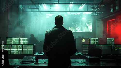 Cyber criminals plotting in shadowed rooms, a hitman receives digital orders High-tech crime saga