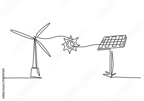 Solar panel photovoltaic and windmill for green energy generation. Continuous one single line art drawing minimalist.