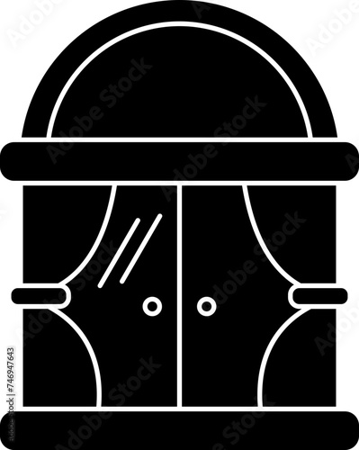 B&W window with curtain icon.