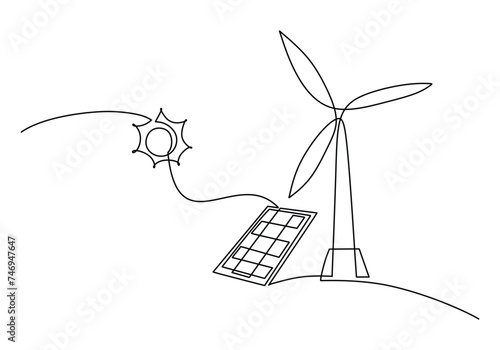 Solar panel photovoltaic and windmill for green energy generation. Continuous one single line art drawing minimalist.