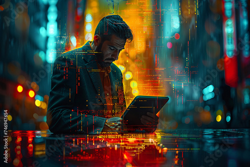 people checking for the stock prices and chart showing inclining on big glass screens, at the stock market office, on laptops and tablets and mobiles 